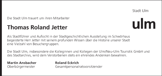Traueranzeige von Thomas Roland Jetter von SÜDWEST PRESSE Ausgabe Ulm/Neu-Ulm