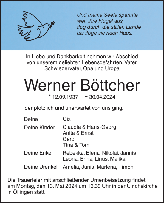 Traueranzeige von Werner Böttcher von SÜDWEST PRESSE Ausgabe Ulm/Neu-Ulm