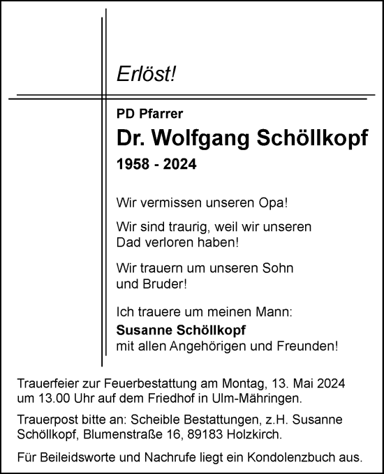 Traueranzeige von Wolfgang Schöllkopf von SÜDWEST PRESSE Ausgabe Ulm/Neu-Ulm